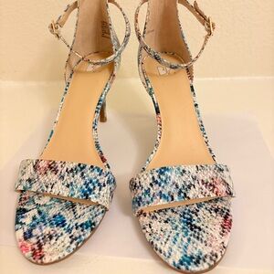 BP Multicolor Snake-Print Ankle-Strap Heels with Blue & Red Accents - Size 8M